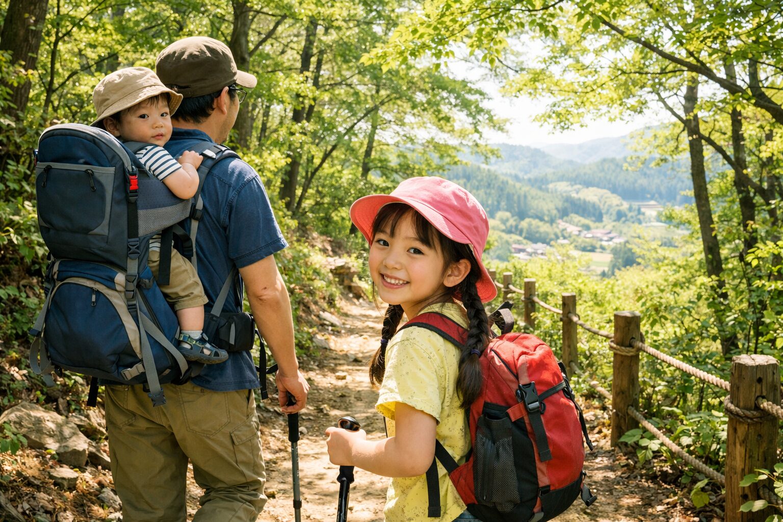 飯能の低山ハイキングで、幼児を背負子に乗せた父親と小学生くらいの女の子が一緒に山道を歩いている写真風イラスト