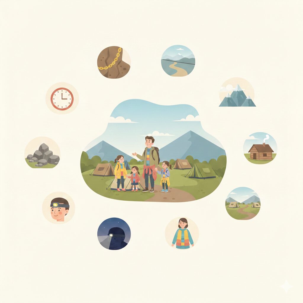 登山初心者や子連れ登山向けに、基本的な登山専門用語をイラストで解説したまとめ記事のアイキャッチ画像