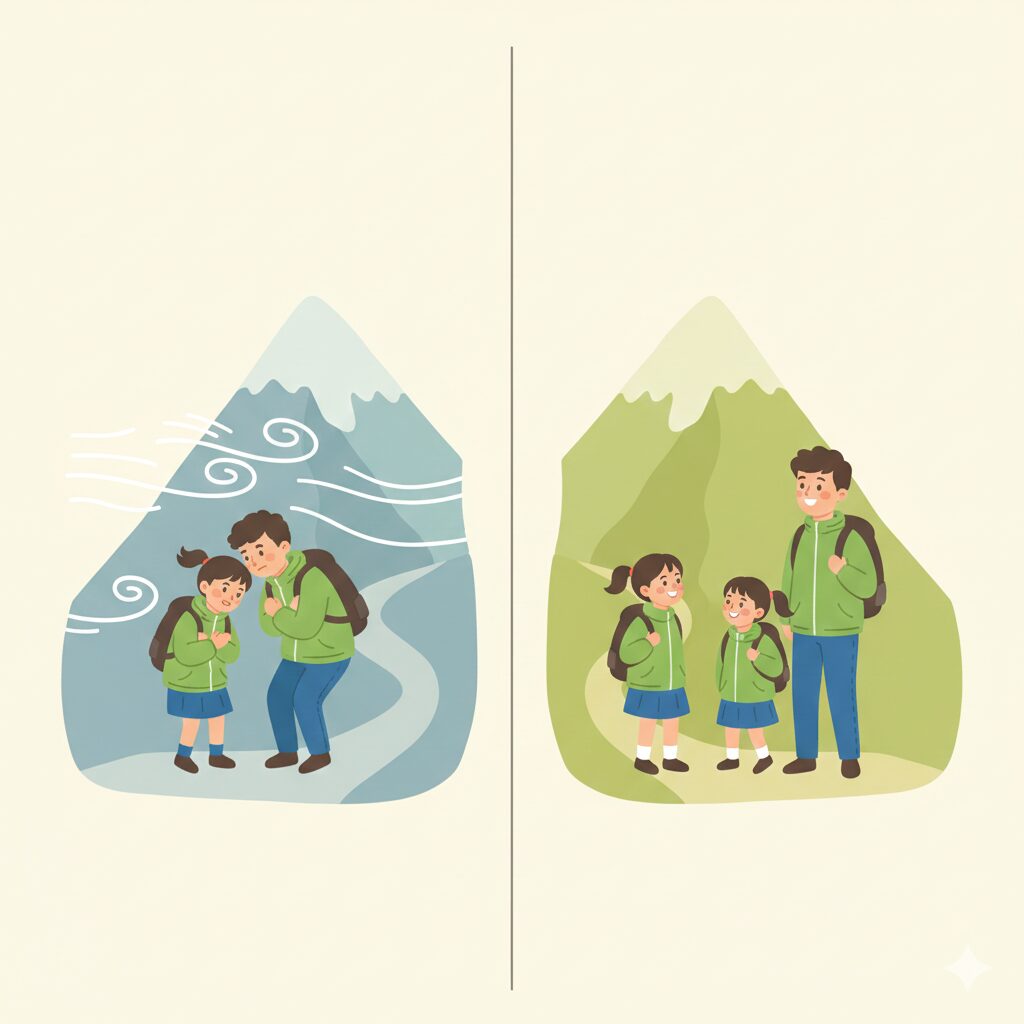 風の強さによって同じ気温でも寒さの感じ方が変わる体感温度の違いを示したイラスト