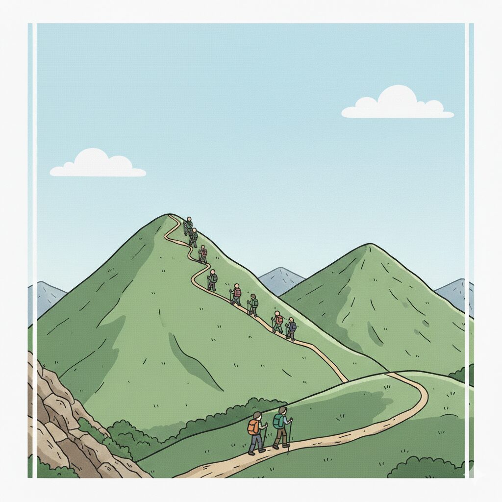 複数の山頂を越えながら進み、スタートとゴールが異なる縦走登山のイラスト