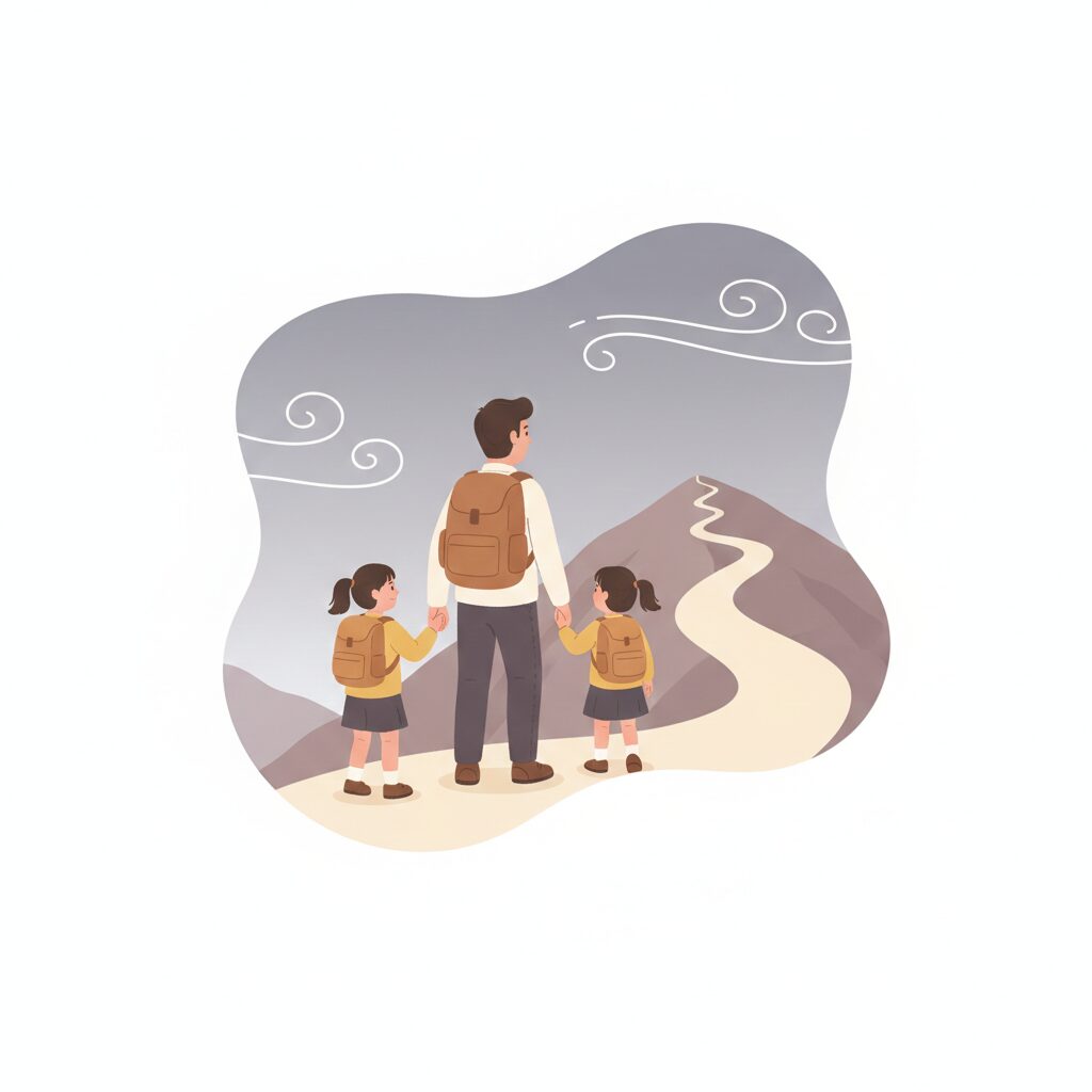 天候や体調を考えて、登山途中で無理せず引き返す判断を表したイラスト