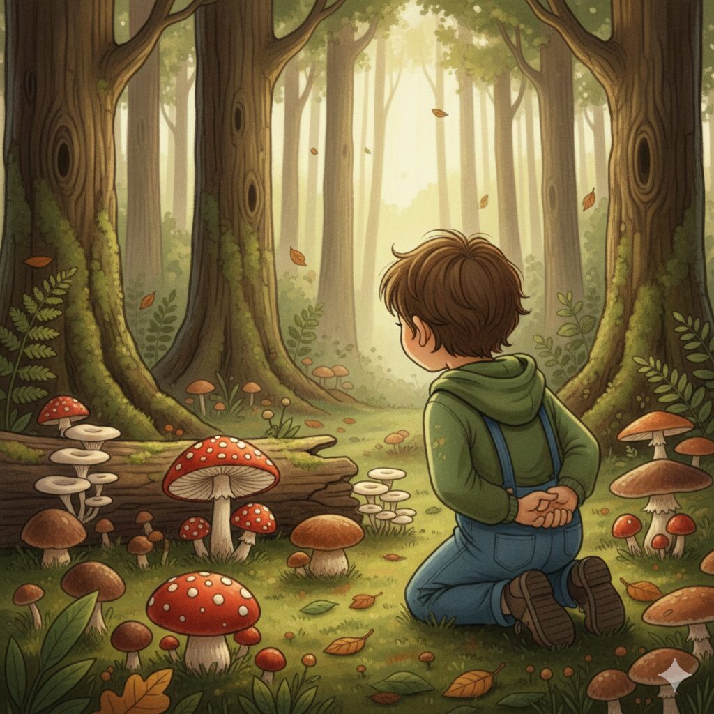 子連れ登山中にきのこを観察する子どもの後ろ姿