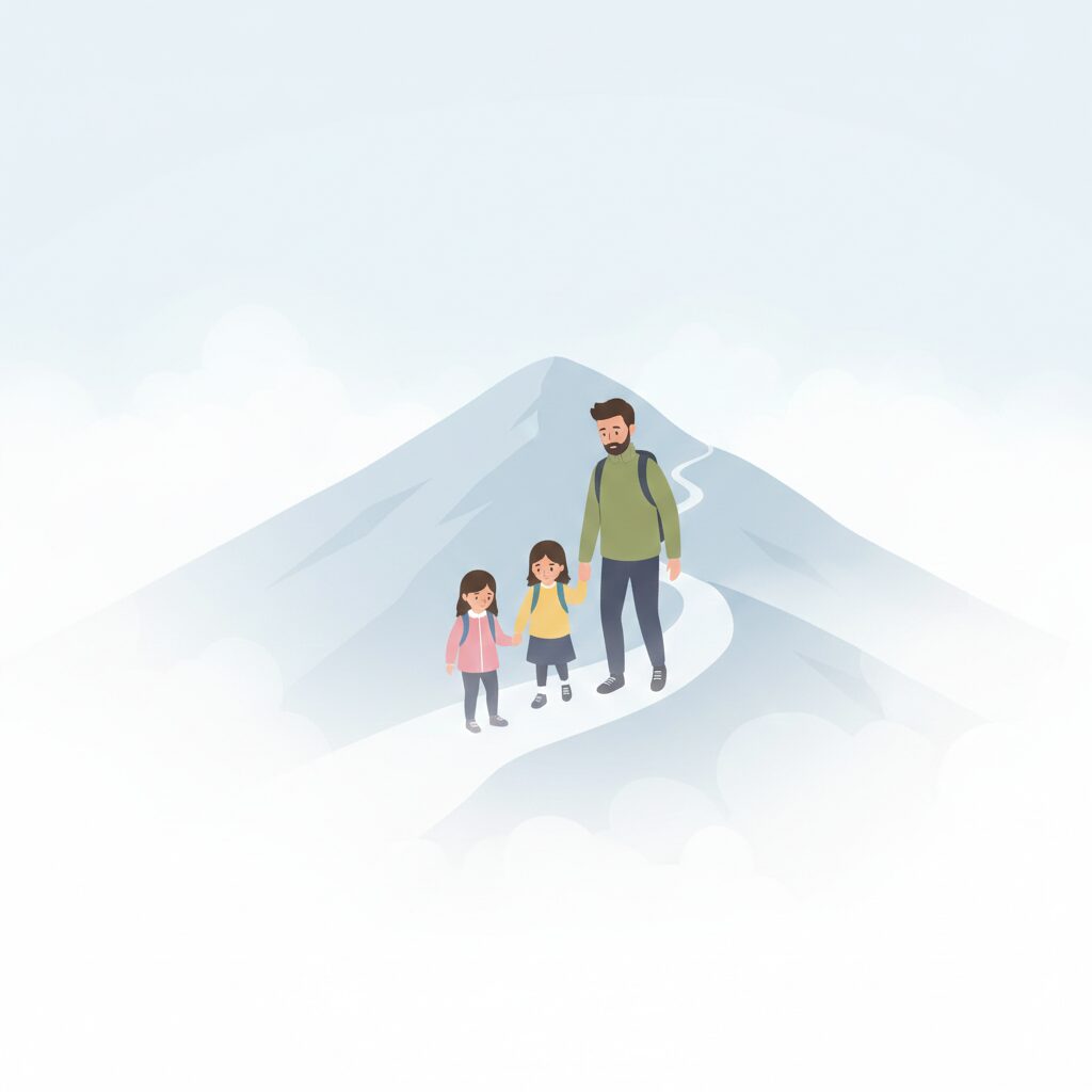 山で霧が発生して視界が悪くなり、慎重な行動が必要な状況を示したイラスト