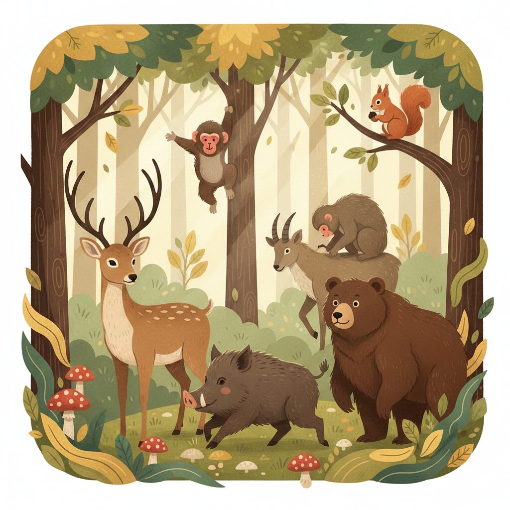 日本の山に生息する動物たち（鹿・猿・熊・猪・リス）のイラスト