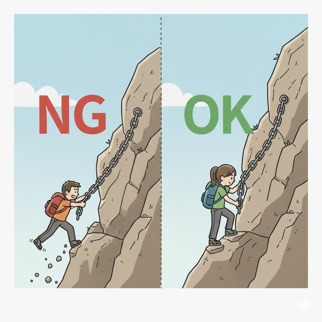 急な岩場で鎖を使いながら、安全に通過している登山者の様子を表したイラスト