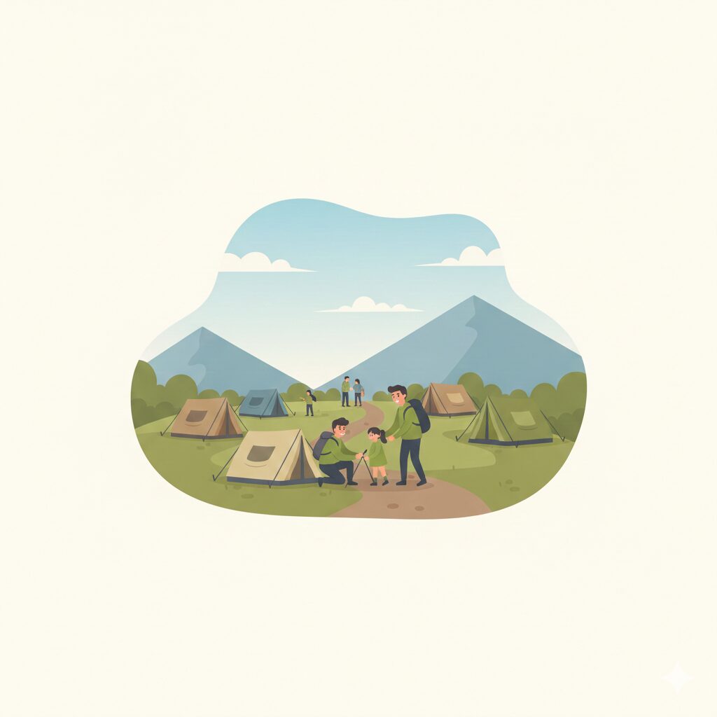 山の中に設けられたテント場で、登山者がテントを張って過ごしている様子のイラスト