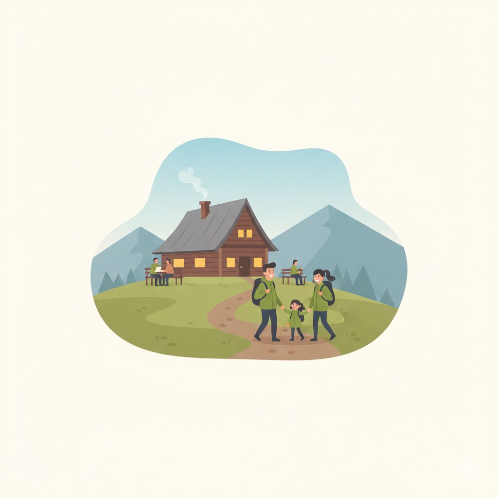 登山道沿いにあり、休憩や宿泊ができる山小屋の様子を表したイラスト