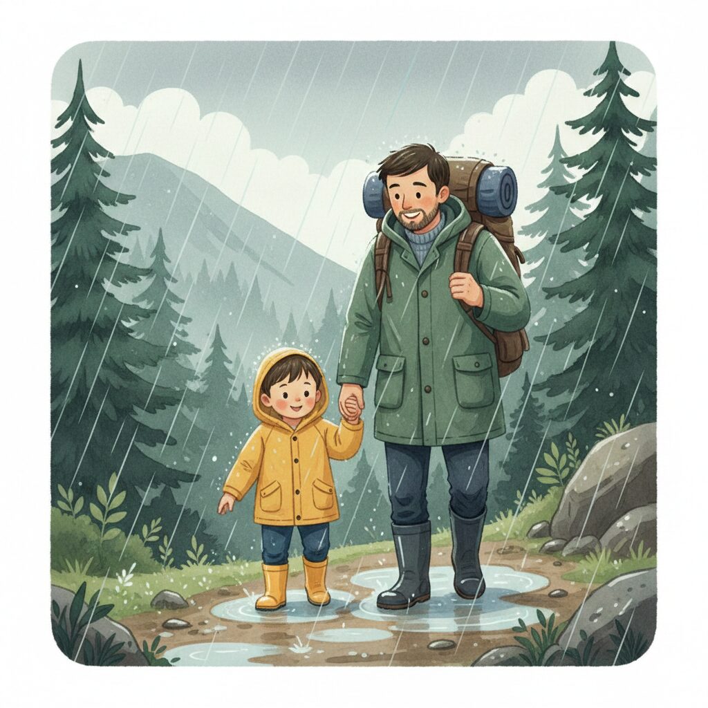 子連れ登山で雨具を着用する親子の様子