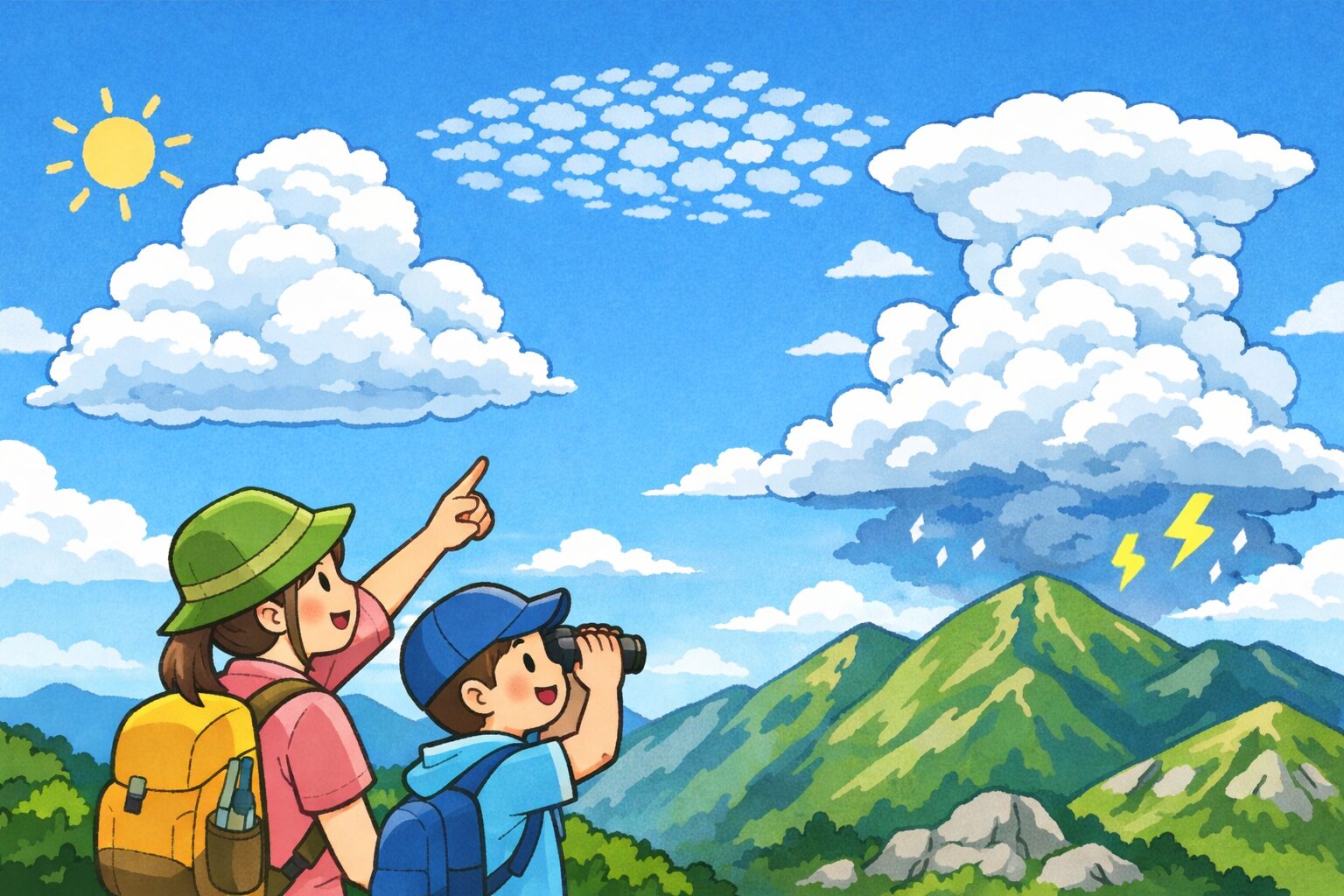 山で空を見上げながら雲の形を観察する親子のイラスト