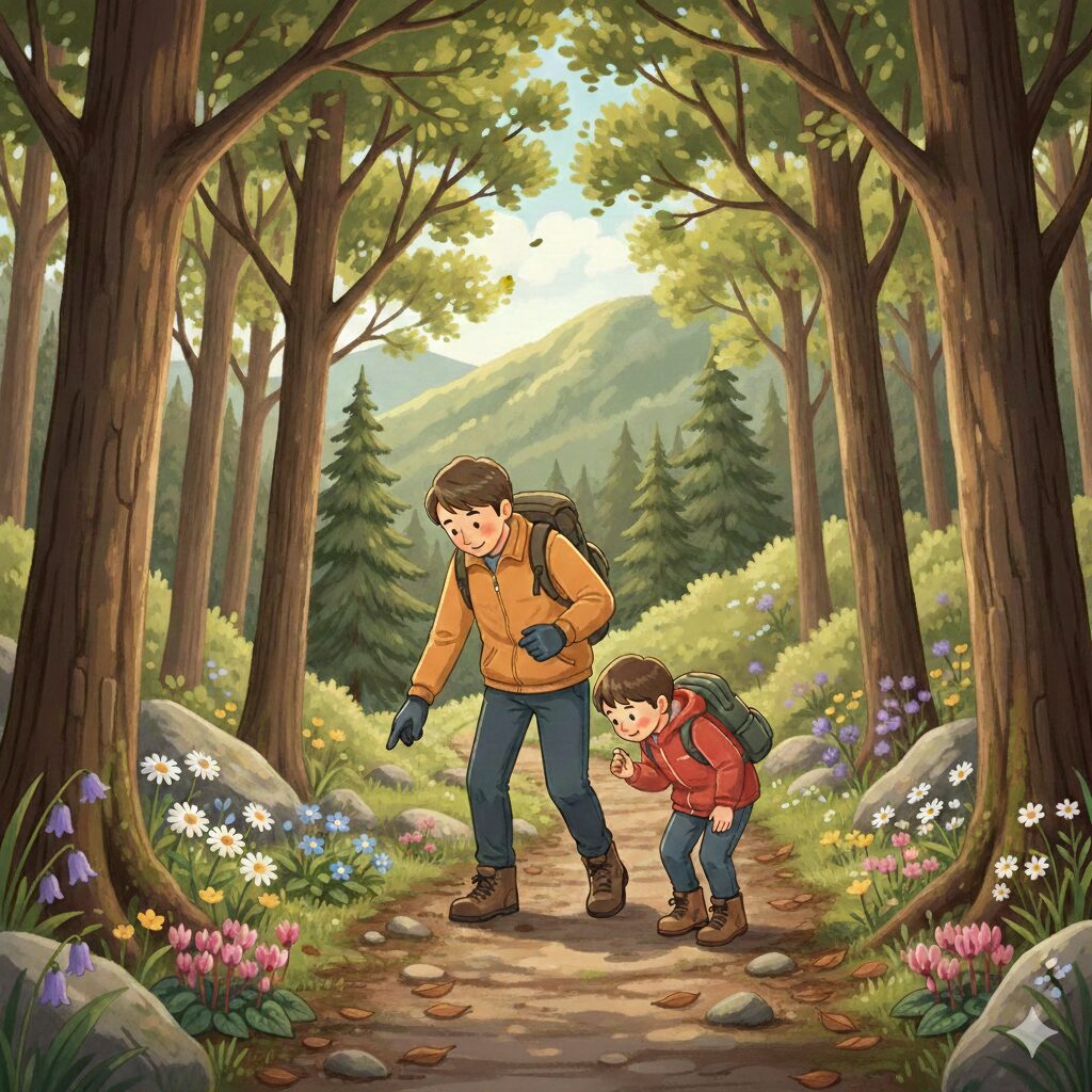 子連れ登山で出会う季節の花と自然を守るイメージ