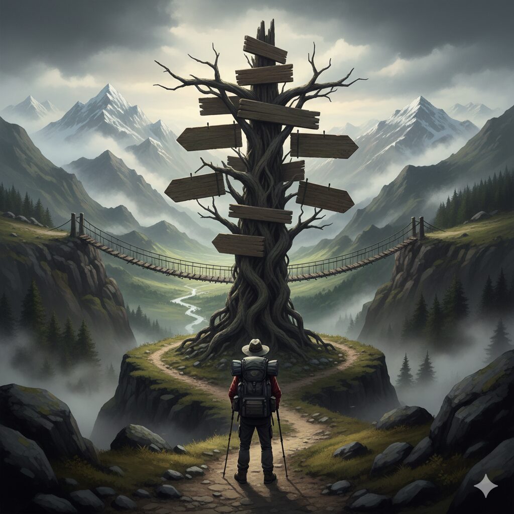 登山道の分岐点に立つ人物と奥に続く山の風景