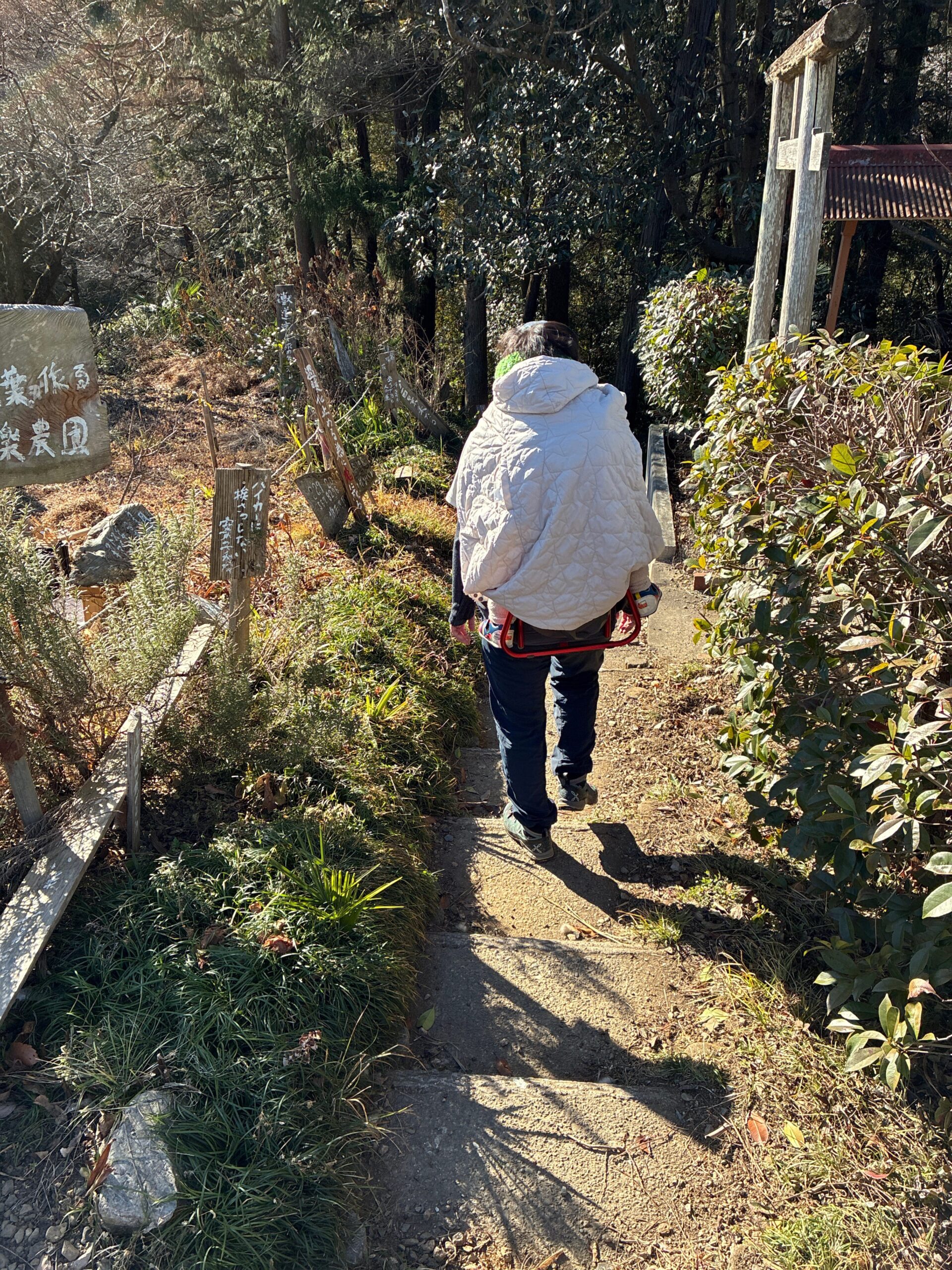子どもをベビーキャリアで背負い、ブランケットを使って登山道を歩く親子の様子