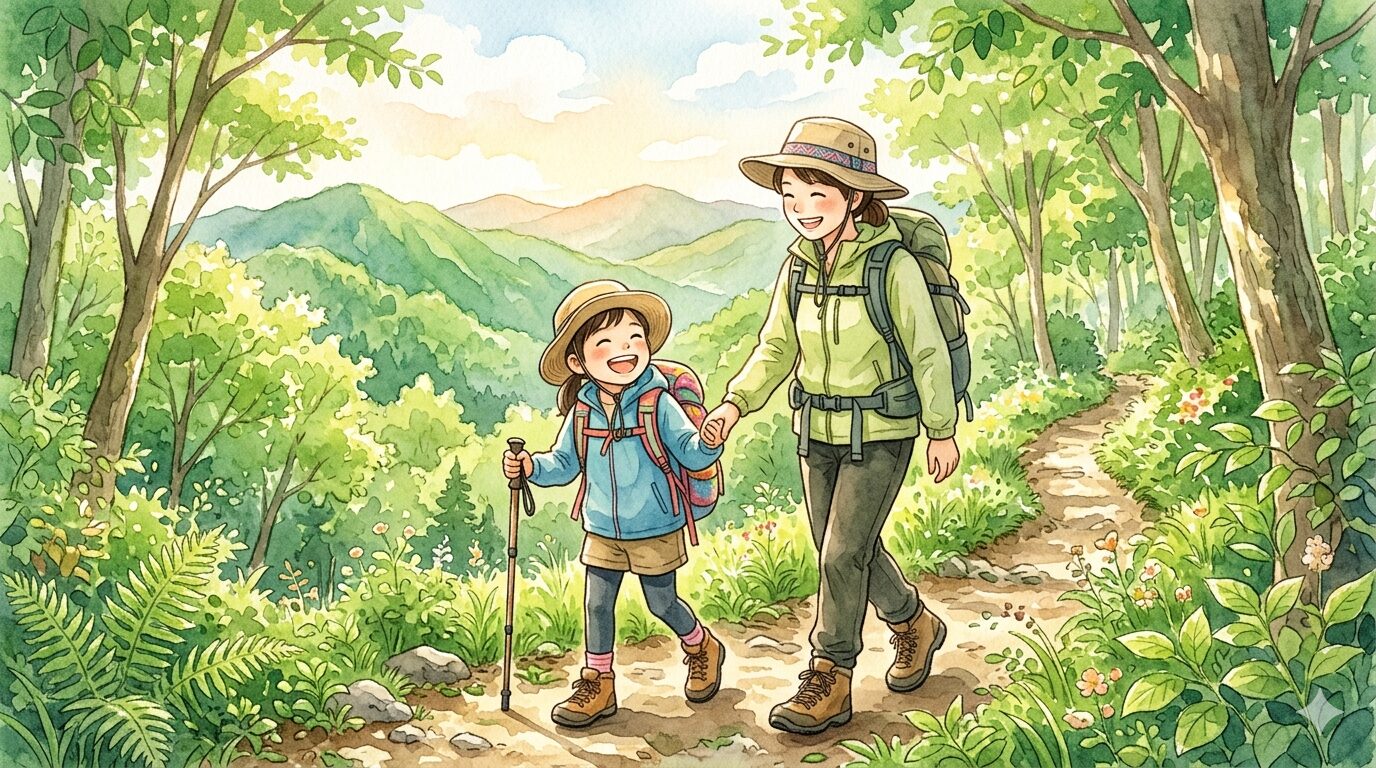 新緑の登山道を歩く親子のイラスト