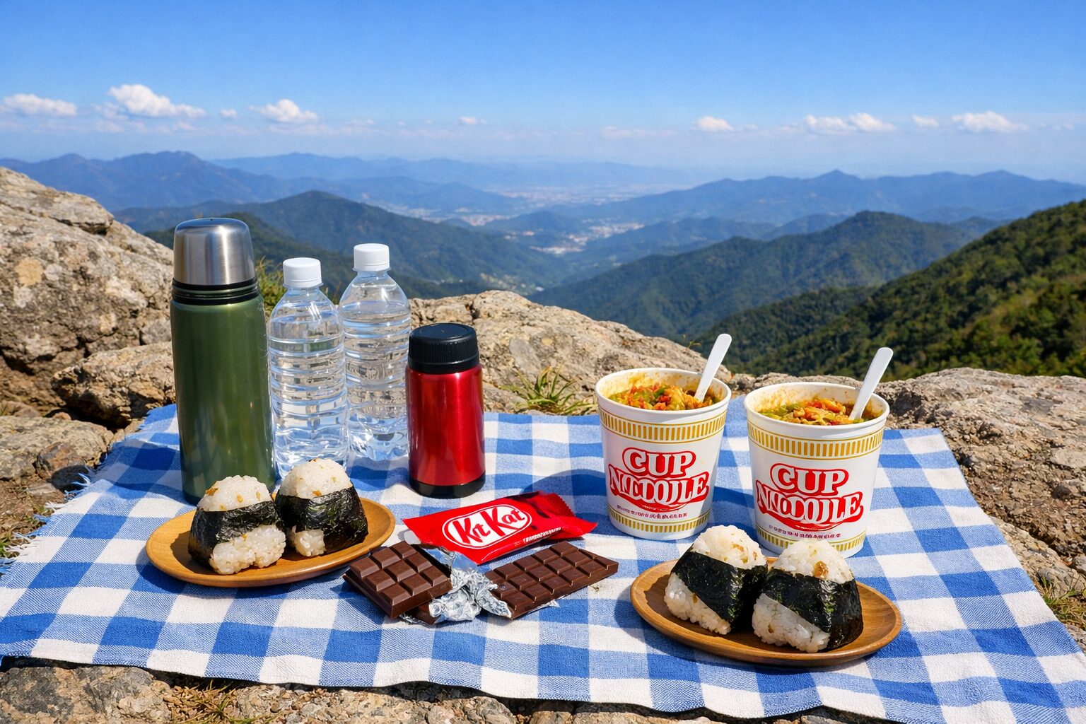 山頂の岩場にレジャーシートを広げ、おにぎり・カップヌードル・チョコレート・水筒が並んでいる実写風の俯瞰写真