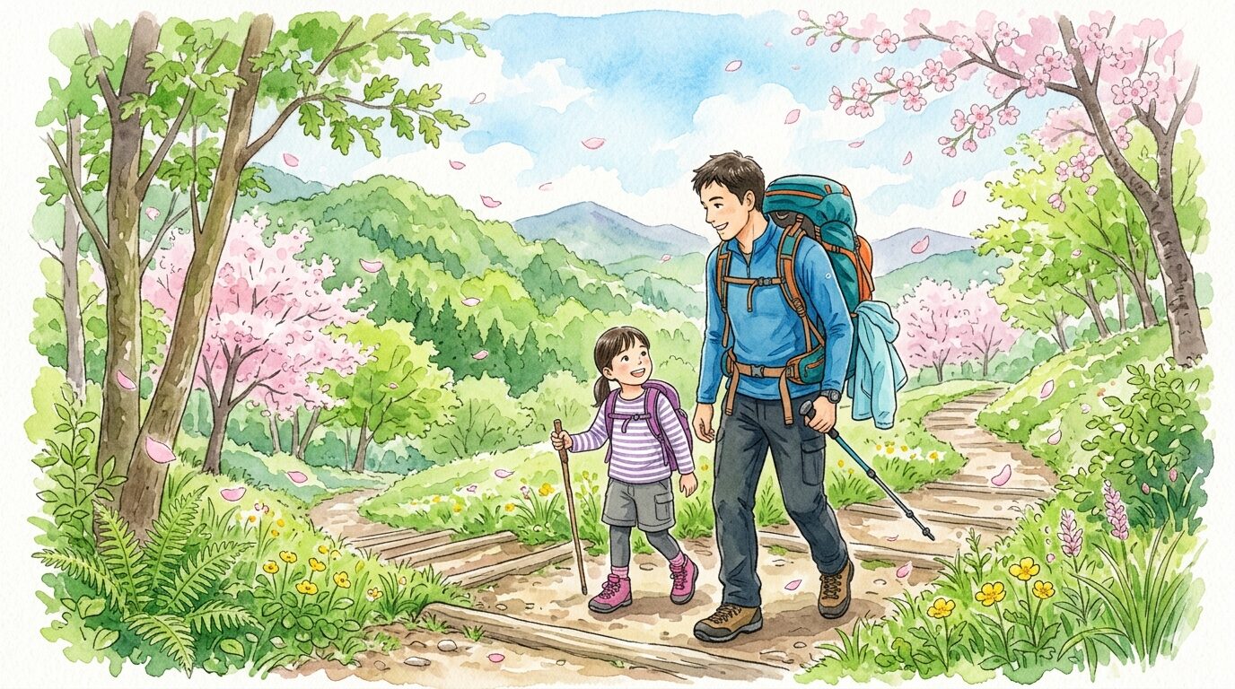春の新緑の登山道を歩く親子のイラスト