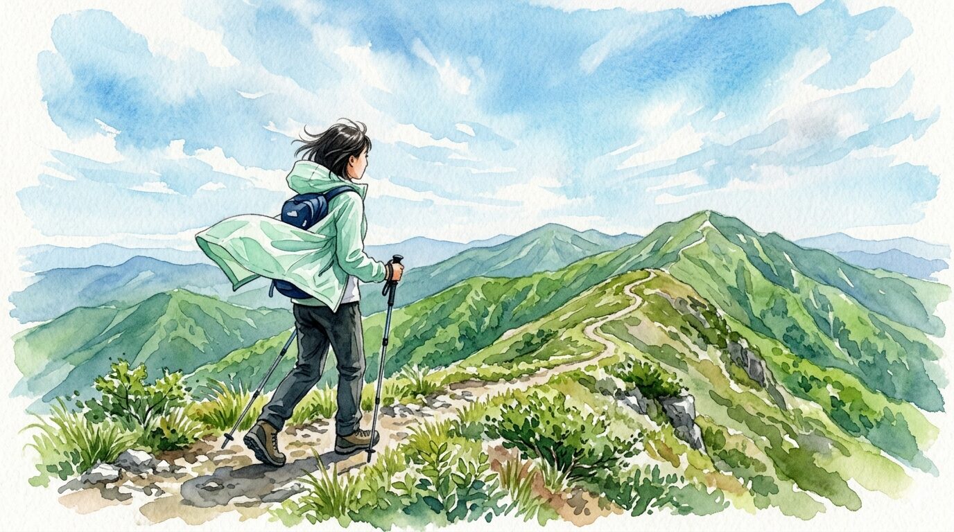 春の低山の稜線で薄手のウインドシェルを着て歩く登山者