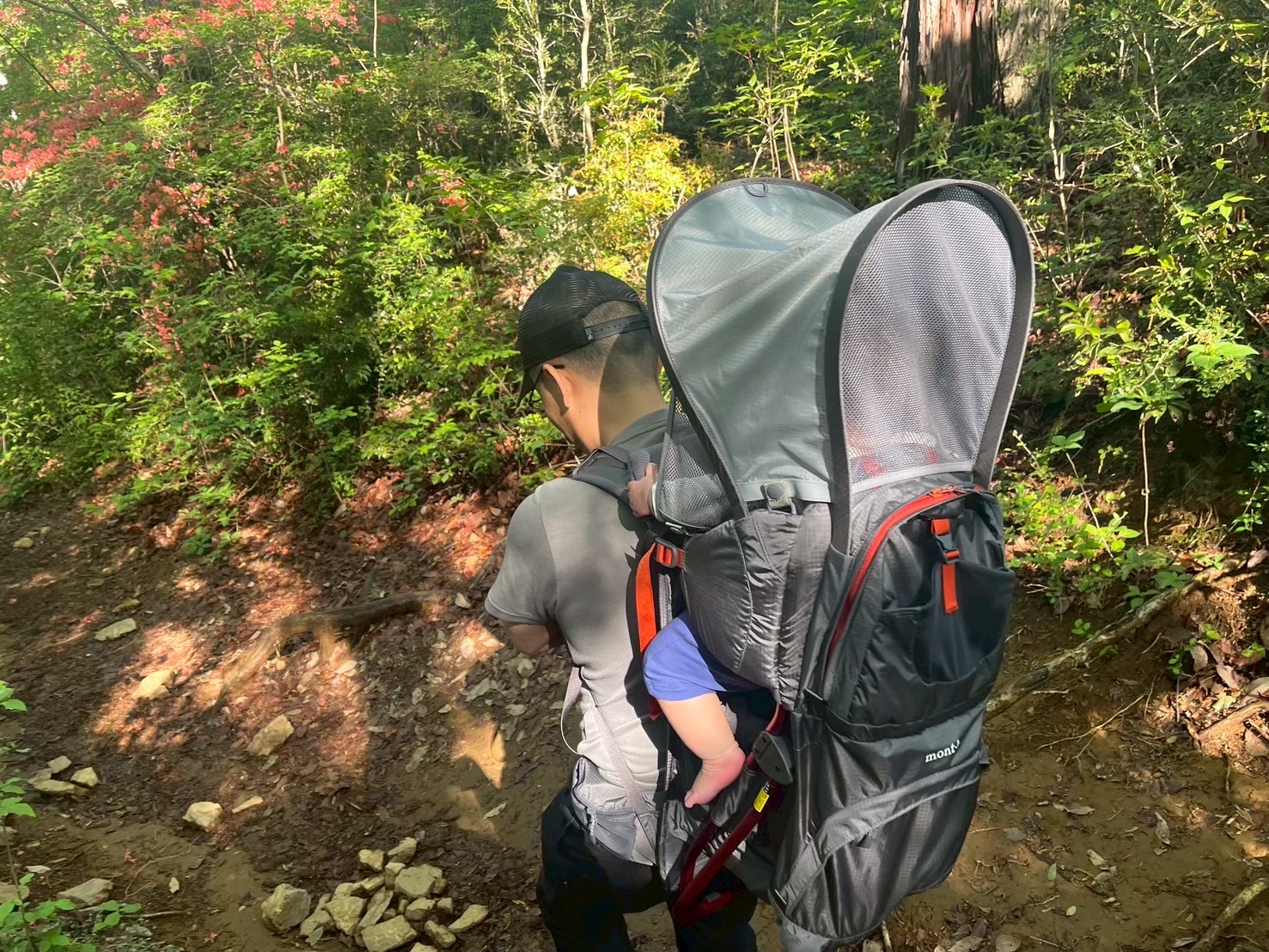 登山でキャップをかぶって歩く親子の様子