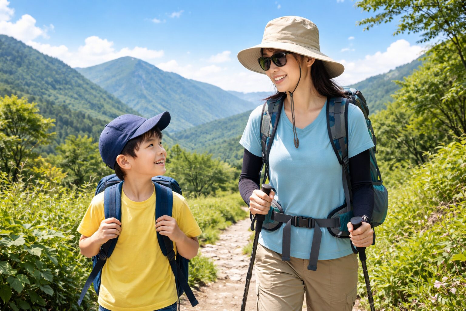 夏の登山道を歩く日本人の親子。親はつばの広いハット、サングラス、アームカバーを着用。背景は緑豊かな山の稜線と青空。明るく爽やかな雰囲気。横長16:9構図。