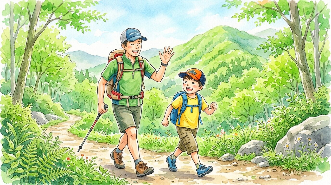 新緑の登山道で登山用キャップをかぶって元気に歩く親子