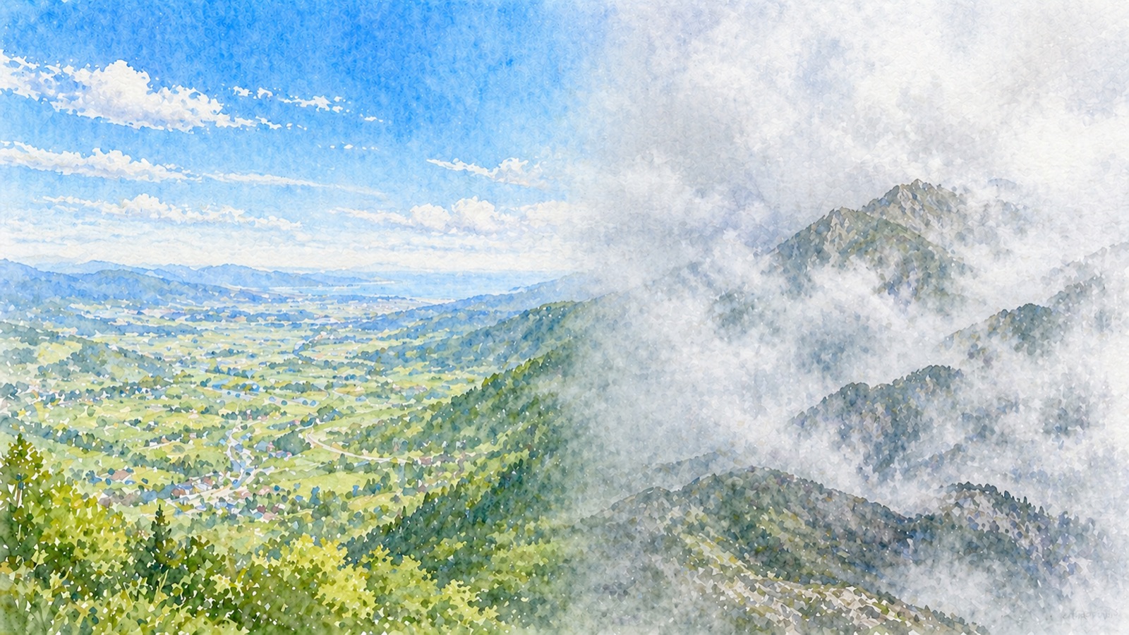 同じ時刻でも麓は晴れ山頂は雲に覆われる対比イラスト