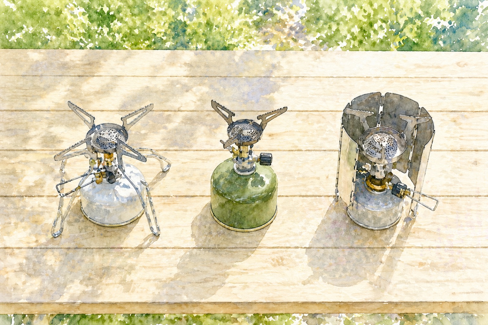 ウッドテーブルに並んだ登山バーナー3モデルの水彩イラスト