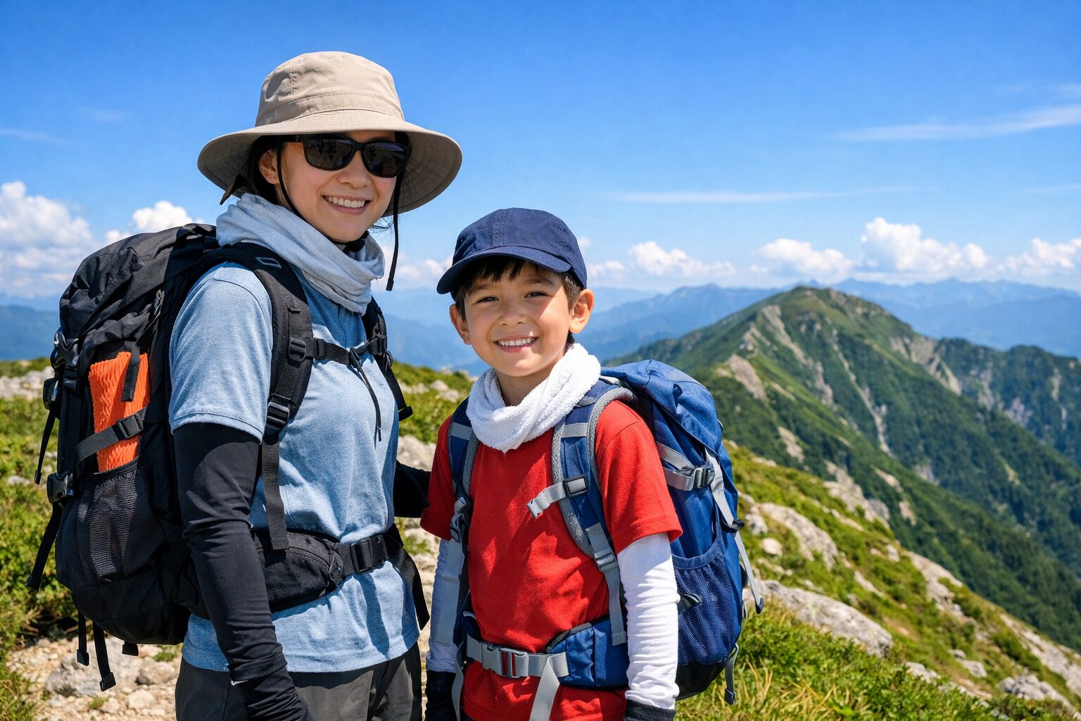子連れ登山をしている親子のリアルな写真スタイルのイラスト