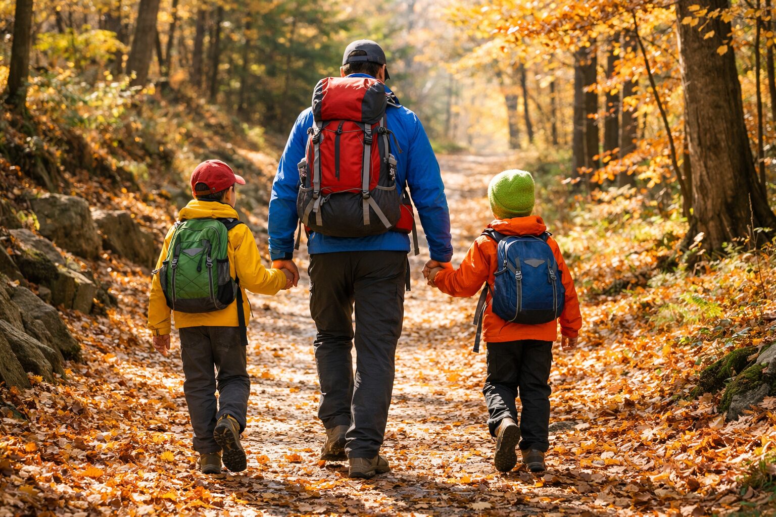 子どもと一緒に登山を楽しむ親子の後ろ姿