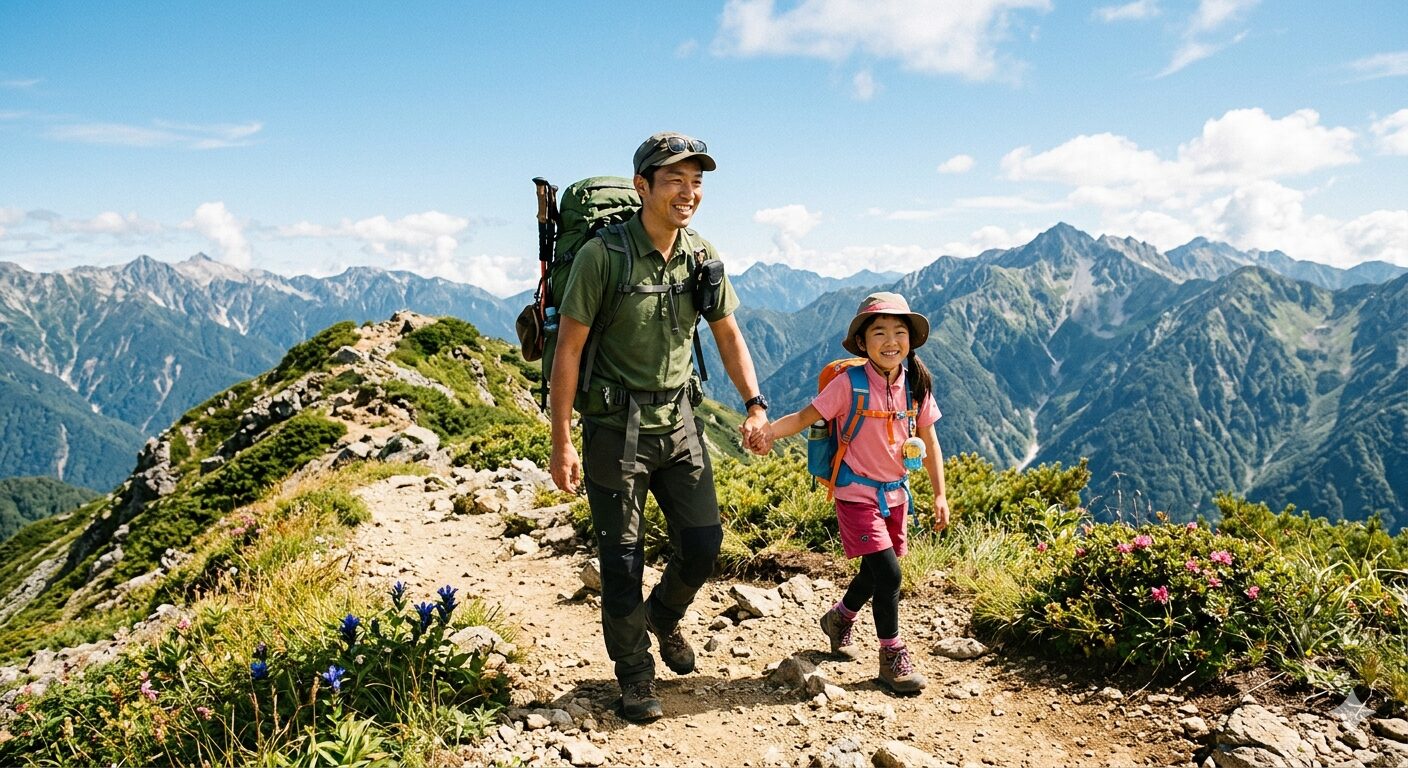 子連れ登山で親子がリュックを背負って山道を歩いているイメージ
