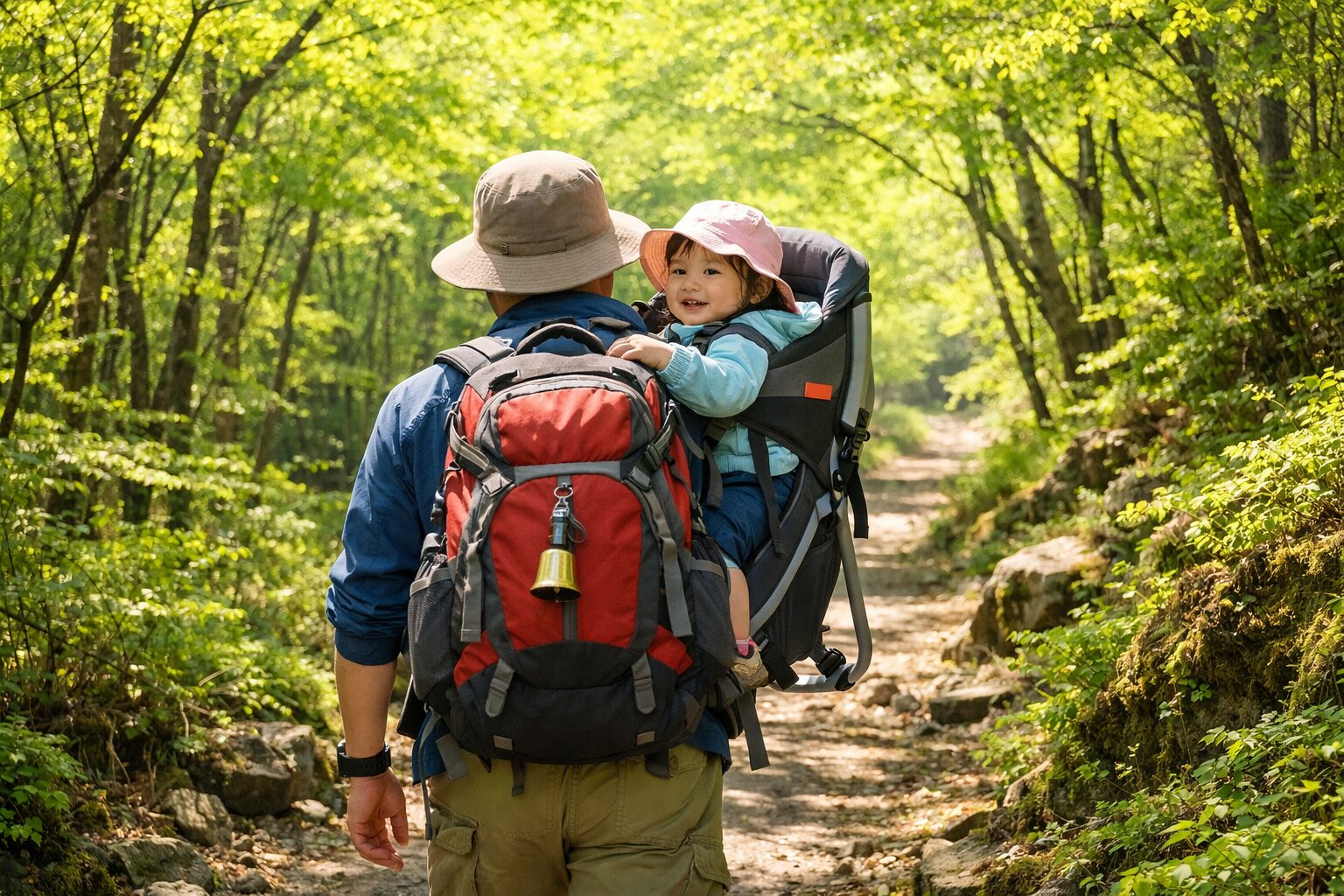 春の新緑が美しい日本の登山道を、親子が楽しそうに歩いている後ろ姿