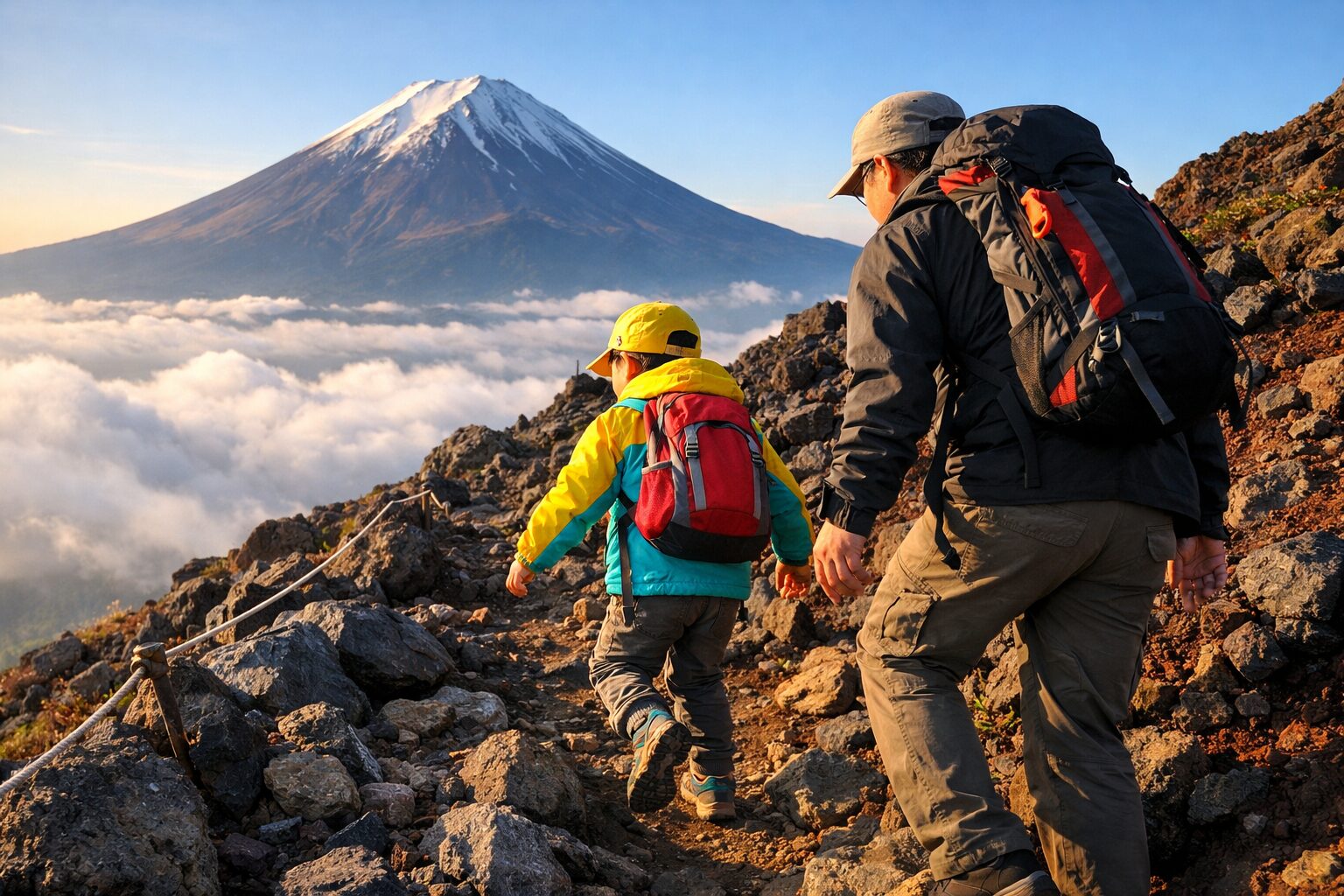 日本の富士山の岩がちな火山トレイルを登る親子（子どもは6〜8歳）のリアルな写真風イメージ。