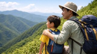 関東の低山の山頂で親子が笑顔で景色を眺めているシーン