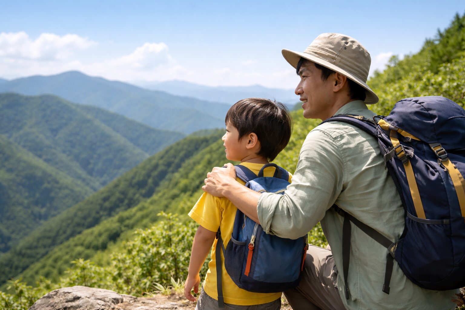 関東の低山の山頂で親子が笑顔で景色を眺めているシーン
