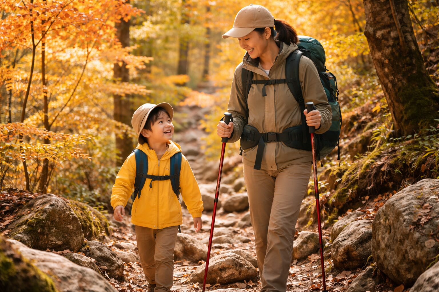 日本の山道をトレッキングポールを使いながら歩く母親と、隣を歩く幼い子ども（4〜5歳くらい）の写真