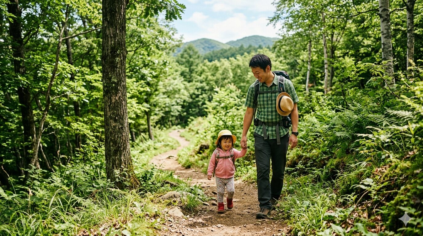 穏やかな低山の登山道を歩く親子。