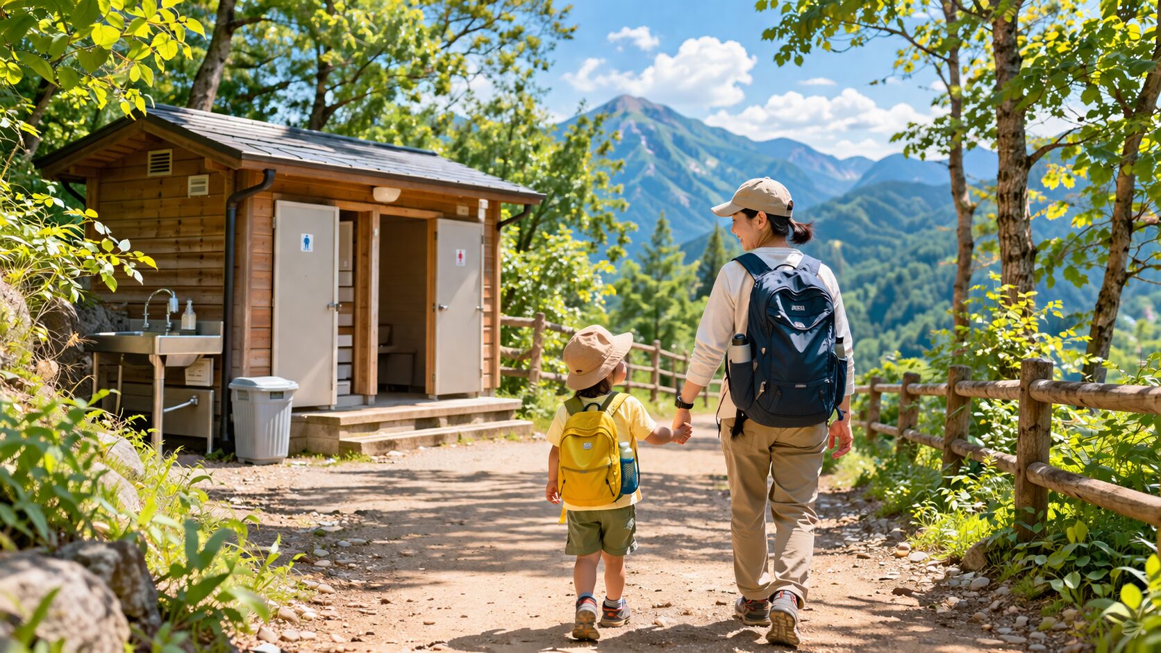 山の登山道脇に設置された山小屋の簡易トイレ小屋を背景に、幼い子ども（3〜4歳）とお父さんかお母さんが手をつないで向かっているシーン