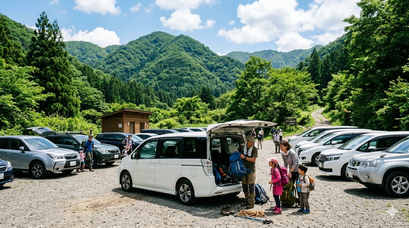 山の登山口近くにある駐車場の風景