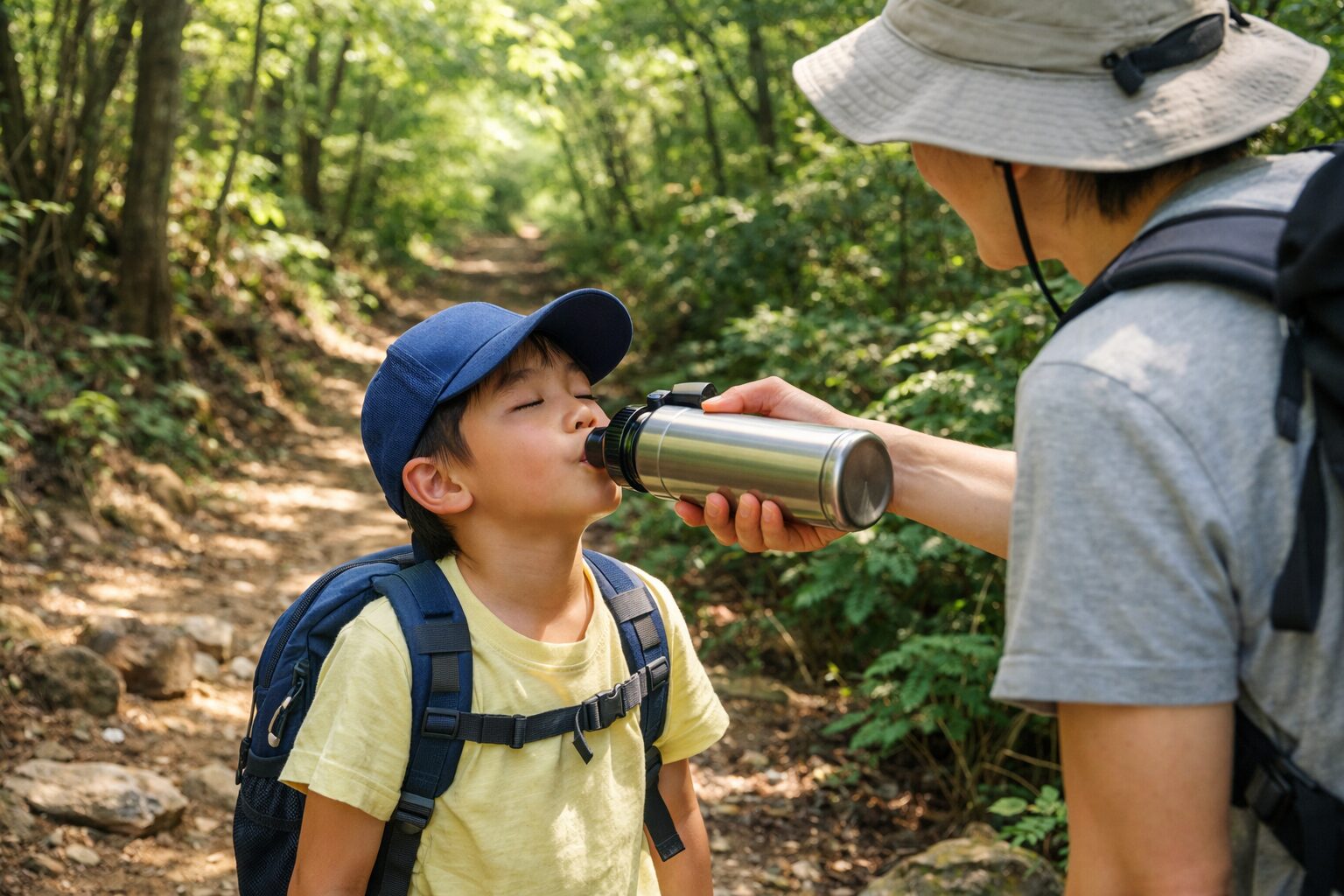 夏の低山登山で親子が登山道を歩いている場面