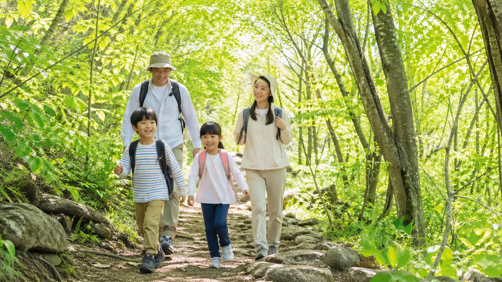 新緑の登山道を歩く子連れ登山の家族（父・母・小学生の子ども2人）