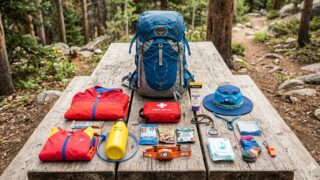 子連れ登山の持ち物が木製テーブルに並んだ俯瞰写真（登山リュック・レインウェア・水筒・救急セット・行動食・帽子など）