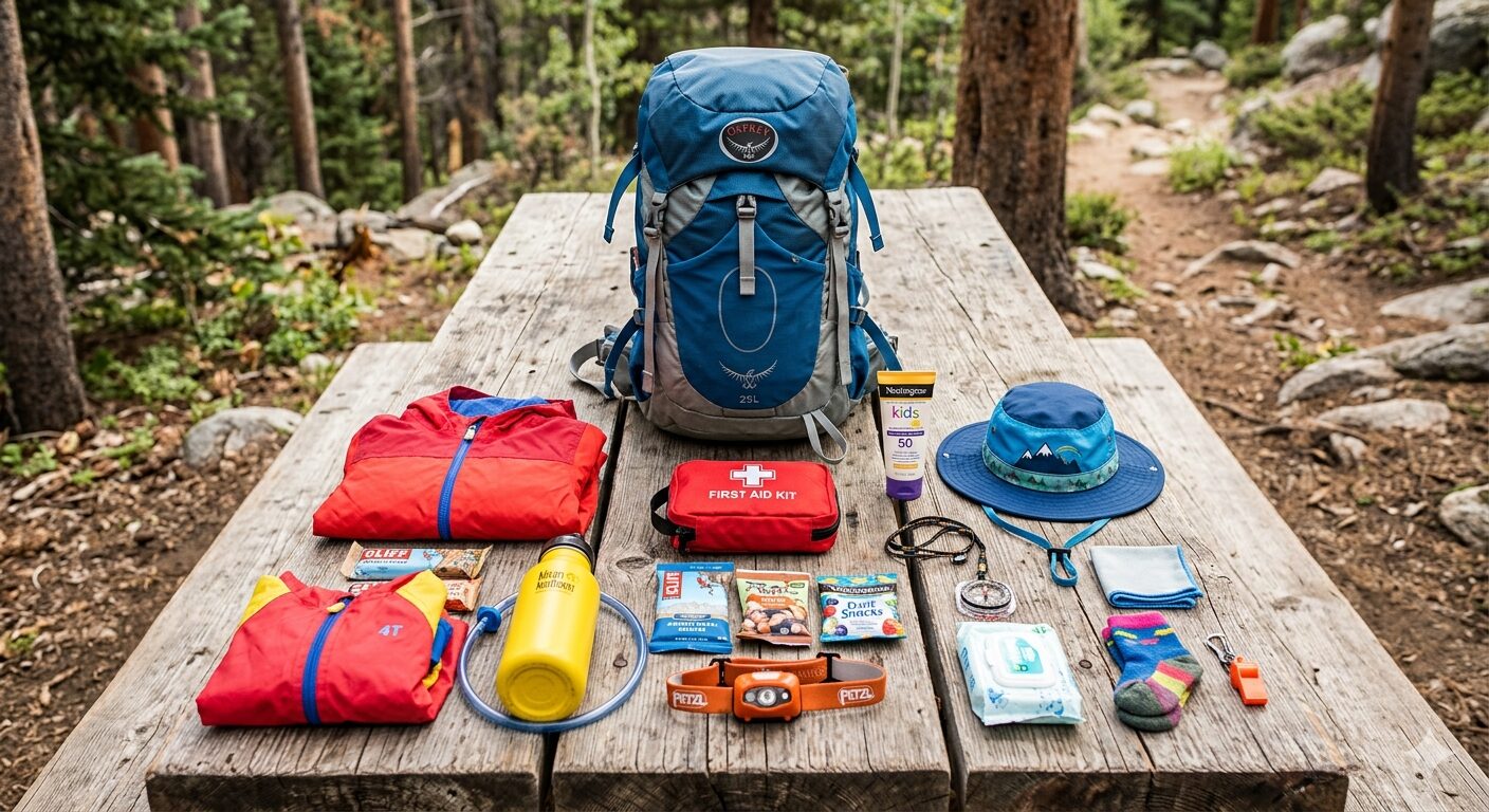 子連れ登山の持ち物が木製テーブルに並んだ俯瞰写真（登山リュック・レインウェア・水筒・救急セット・行動食・帽子など）