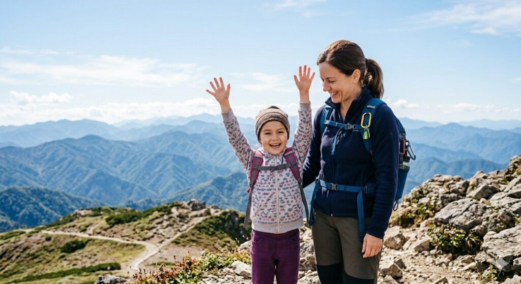 子どもと山頂で笑っている雰囲気の写真