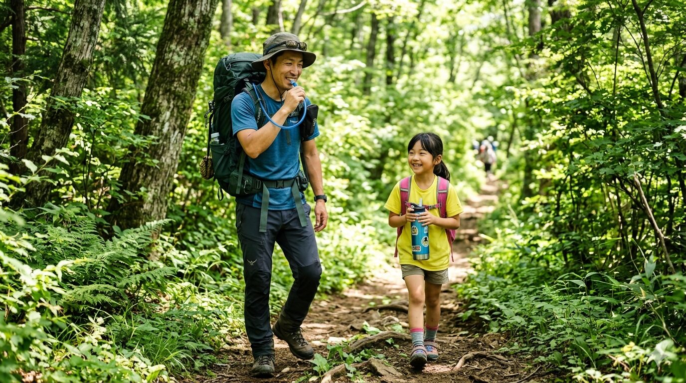 夏の低山を親子で歩いているリアルな写真風イラスト