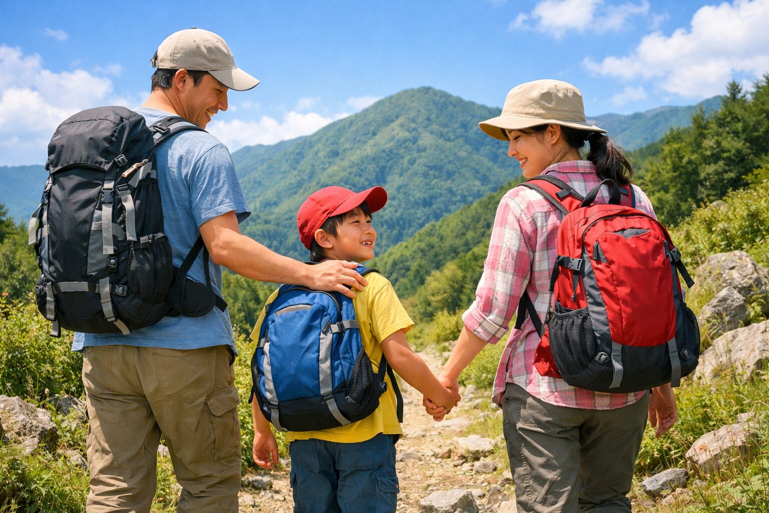親子3人（父・母・小学生の子ども）がリュックを背負い、青空の下の登山道を楽しそうに歩いている写真風イラスト