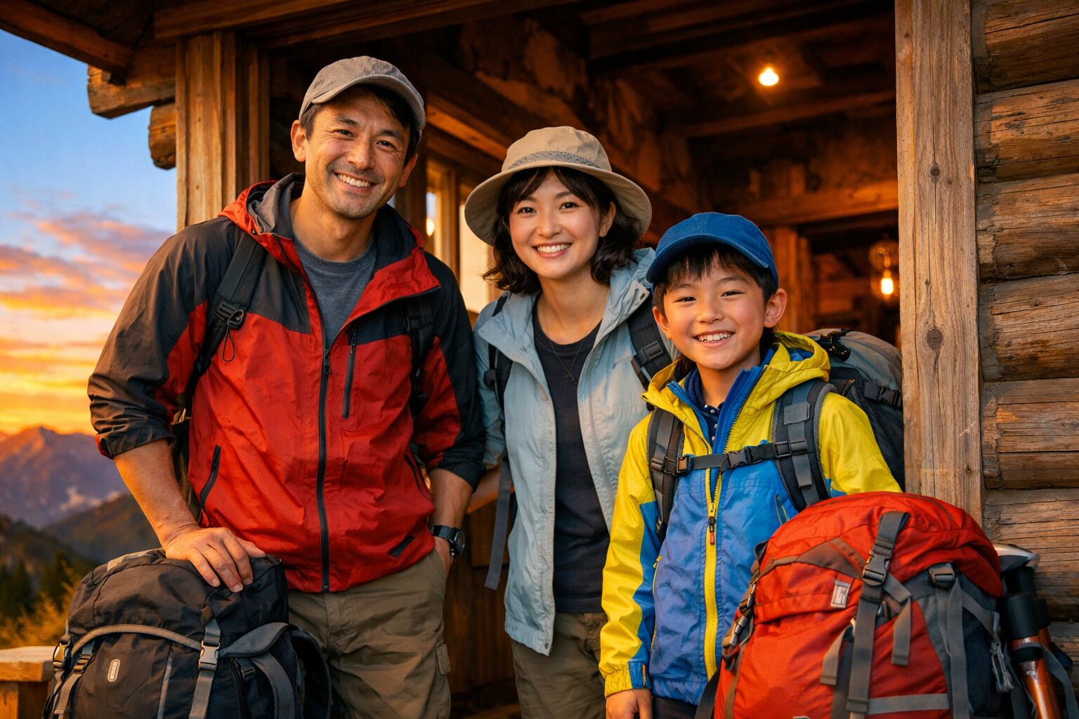 親子3人が木造の山小屋の入口でザックを下ろしてほっとした笑顔で立っている、リアルな写真風イラスト