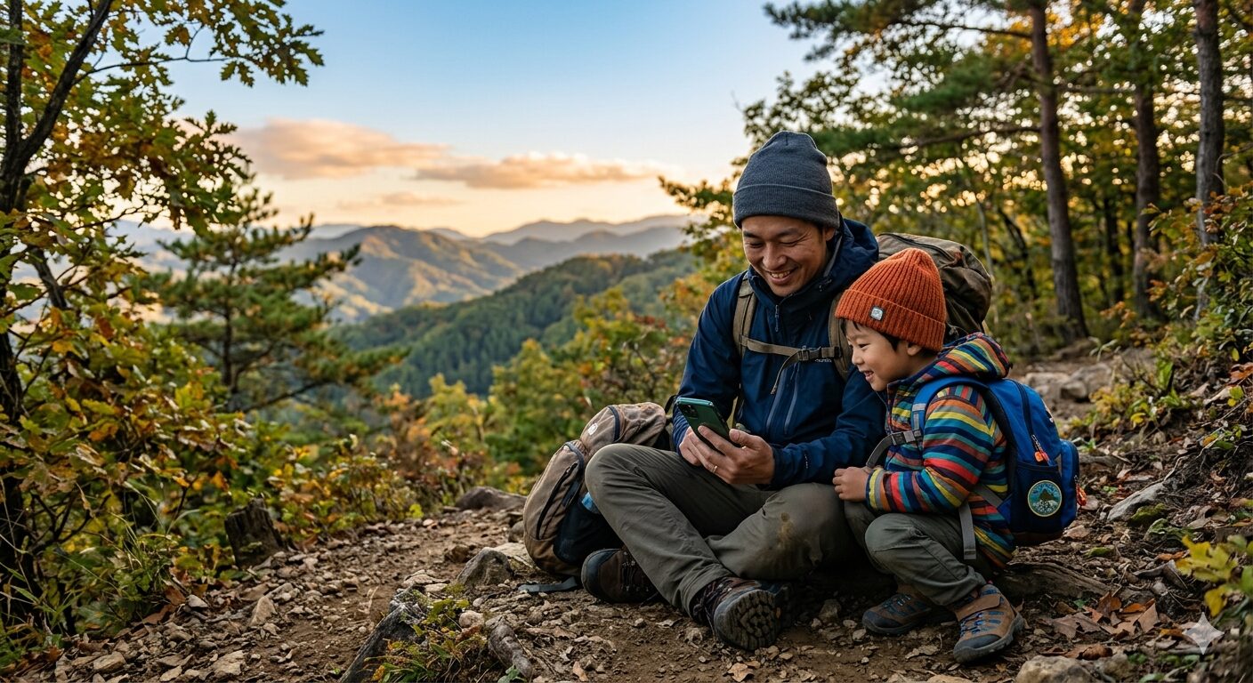 スマートフォンに表示された登山地図アプリを持つ親子