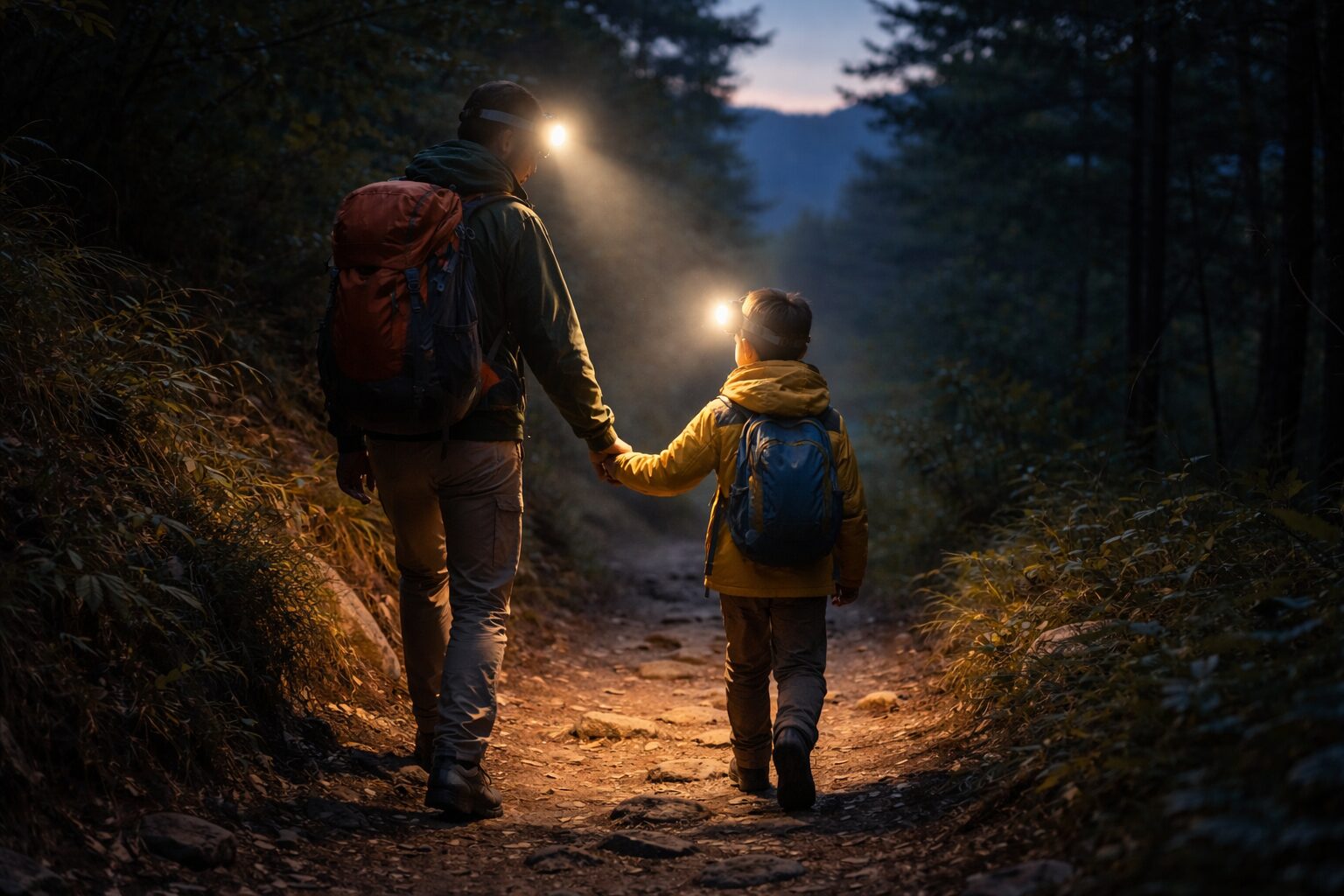 夜明け前の山道を、ヘッドランプをつけた親と小学生の子どもが手をつないで歩いているシーン