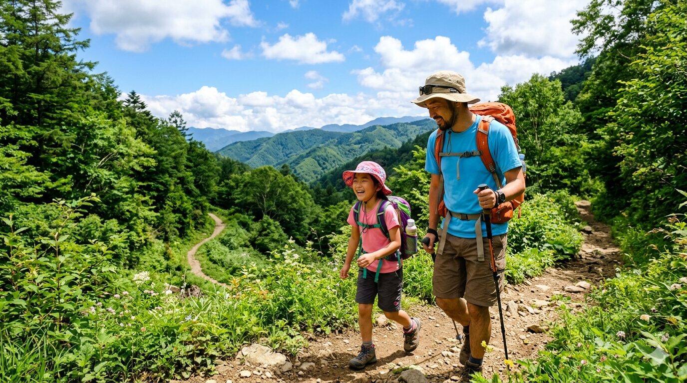 夏の低山を歩く親子の登山シーン