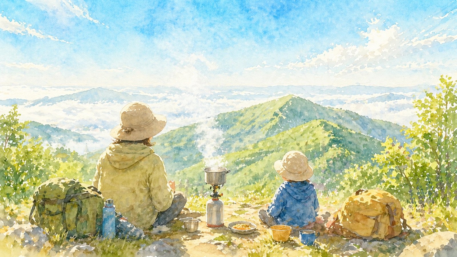 山頂で子連れ登山ファミリーがバーナーで湯を沸かしている水彩イラスト