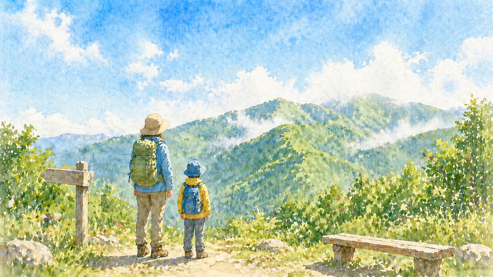 登山口で空を見上げる親子の後ろ姿水彩イラスト