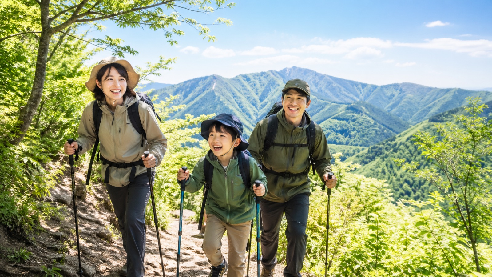 こどもの日に新緑の登山道を歩く家族